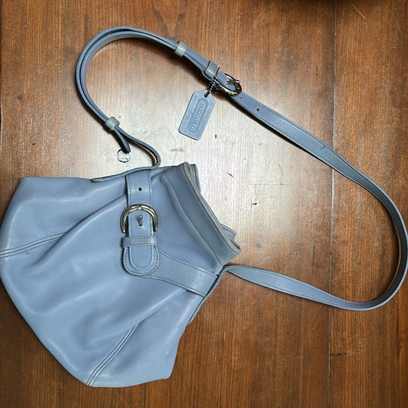 Coach BabyBlue Leather ShldrBag Vntg Demure approx 10.5x9.5”. Silver buckles.